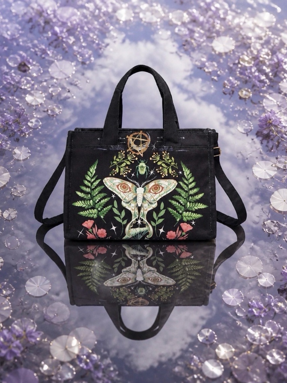 Woman’s Black Goth/Fairycore Print Tote Bag w/ Adjustable Straps